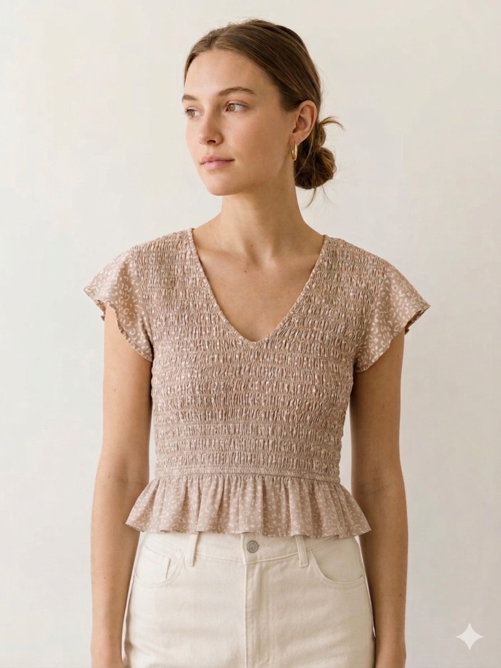 Boho Chic Coastal Cowgirl Minimalist Smocked Peplum V-Neck Top - Beige